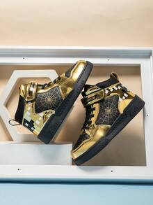 Boys' High-Top Leather Spider & Letter Print Anti-Slip Durable Hook And Loop Fashionable Mid-Top Sneakers - Black - View 14