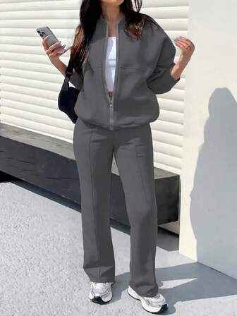 Set de 2 piezas: Chaqueta con capucha minimalista de unicolor y pantalones rectos, conjunto de moda para primavera, otoño e invierno