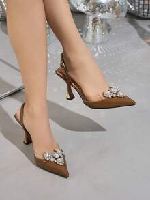 女士心形水钻装饰尖头金色高跟鞋，时尚套脚露趾后跟带高跟鞋，性感时尚PVC透明高跟鞋，优雅舒适，适合通勤、购物、派对、婚礼、正式场合，夏季PU棕色高跟鞋，奢华晚礼服高跟鞋，优雅女鞋，情人节心形水钻装饰魅力小猫跟鞋 - 棕色 - 查看 10