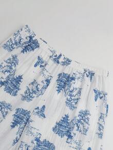 大码女式两件套睡衣，水墨画设计，舒适长袖纽扣上衣和宽松长裤，适合春、夏、秋季居家穿着，秋冬皆宜。