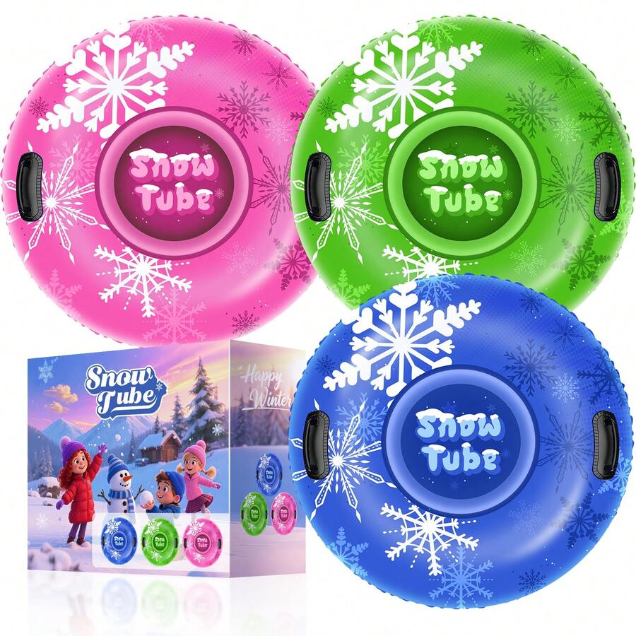 3 Pack Snow Tubes Sledding | 36"/40" Inflatable Heavy-Duty Snow Tube | Thick PVC Snow Sled With Hard Bottom & Handles | Winter Outdoor Family Fun - Pink + Green + Blue - View 1
