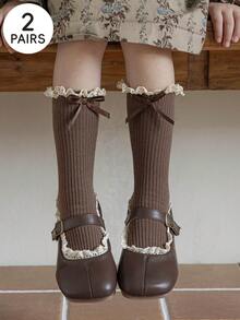 1/2 Pairs Girls' Soft Knit Ribbed Lace Trim Bow Tie Knee High Socks, Versatile For Casual, Party, School, Vacation, All Seasons, Children Gift