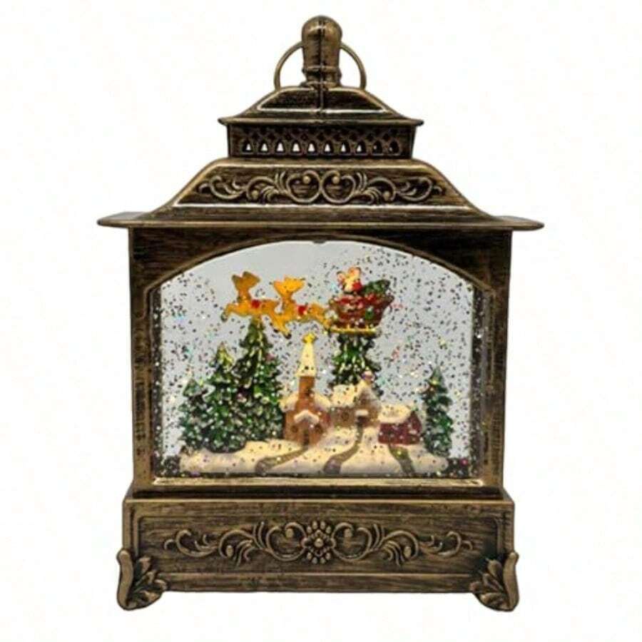 Linterna de Navidad con Bola de Nieve - 8 música de navidad Conexión USB o Batería Diseño de Santa Reno Trineo Iglesia y Casa Regalo ideal de Navidad y Decoración para Mesas y Repisas Verde - verde - Ver 1