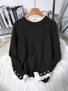 [Tops] BuyK Plus Size Elegant Lace Trim Crew Neck Long Sleeve Knit Sweater For Women, Fashionable Gold Button Decor Blouse Black - 黑色 - 查看 1