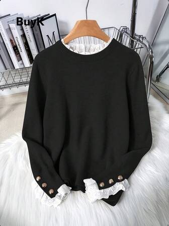  [Tops] BuyK Elegant Lace Trim Crew Neck Long Sleeve Knit Sweater For Women, Fashionable Gold Button Decor Blouse