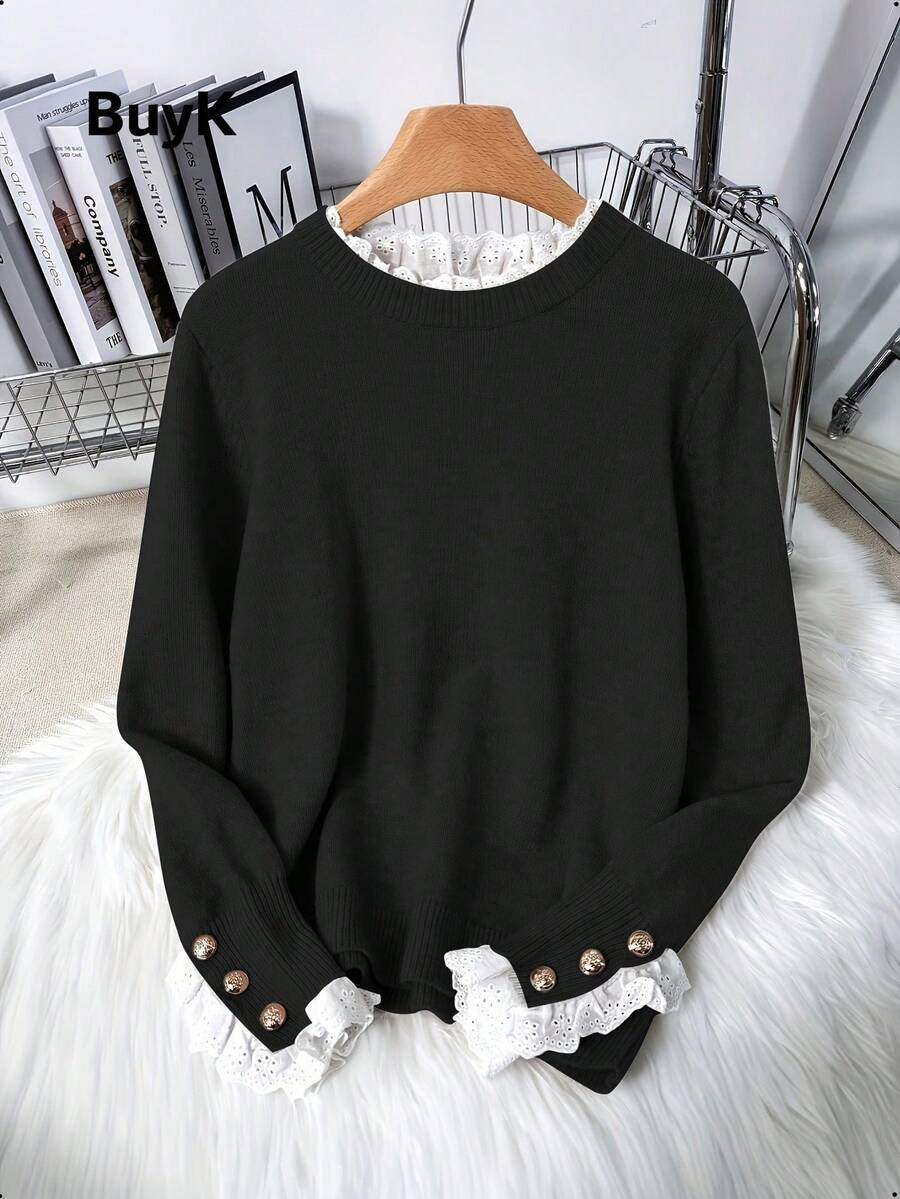 [Tops] BuyK Plus Size Elegant Lace Trim Crew Neck Long Sleeve Knit Sweater For Women, Fashionable Gold Button Decor Blouse Black - 黑色 - 查看 1