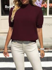 [Góry] Elegancki golf damski z krótkim rękawem, dzianinowy top BuyK, miękki materiał, klasyczny i uniwersalny, odpowiedni na wiele okazji