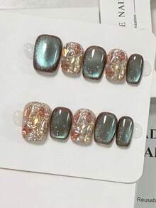 10片蓝绿色猫眼珍珠水钻按压式短方形假指甲，秋冬新款，简约纯色，优雅迷人。适合女性和女孩。附赠收纳盒。手工按压式美甲用品 - 水鴨藍 - 查看 3