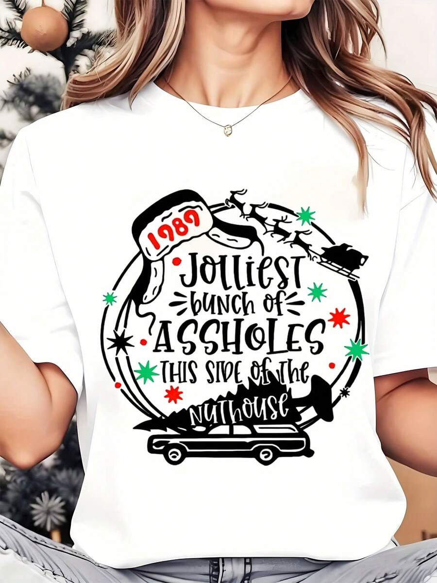 Women T Shirt Jolliest Bunch Of This Side Of The Nuthouse Christmas Reindeer Santa Hat Car Print Round Neck Casual Daily Wear Soft Comfortable Holiday Tee 220g - trắng - Xem 1