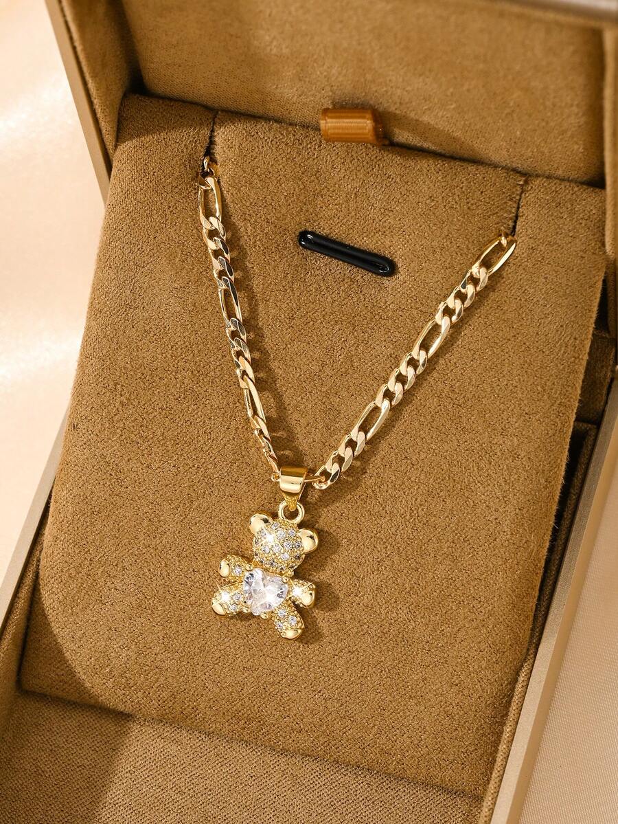 1 pièce Collier pendentif en forme de petit ours de style européen et américain, en cuivre incrusté de zircone, hypoallergénique, empilable. Convient comme cadeau de Noël/Thanksgiving/Halloween/Fête des Mères/Saint-Valentin pour les couples/amis/parrains, Première communion catholique, port quotidien et festif - Or jaune - Voir 1