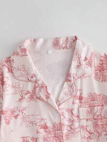 2pcs Plus Size Women Elegant Sleepwear Set With Ink Painting Design - Comfortable Long Sleeve Button-Up Top And Relaxed Pants, Spring/Summer/Autumn Loungewear - Baby Pink - View 3