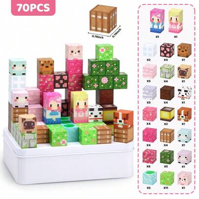 35/70pcs STEM Magnetic Building Tiles & Bricks - Pink Forest Park DIY 3D House & Tree Scenery With Adorable Character Cubes, Imaginative Construction Toy, Creative Birthday & Christmas Gift