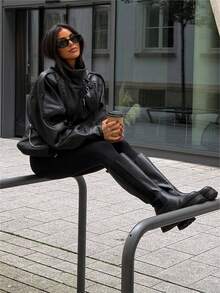 女士休闲时尚黑色皮革长袖宽松机车夹克，2026 时尚街头风防风外套，新年春季情人节