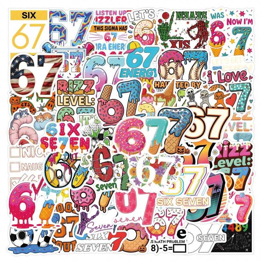 53张卡通图案数字67贴纸，高品质乙烯基装饰用品，可用于装饰水瓶、剪贴簿、日记本、笔记本电脑、保险杠、滑板、电脑、手机等，卡通贴纸 - 彩色 - 查看 1