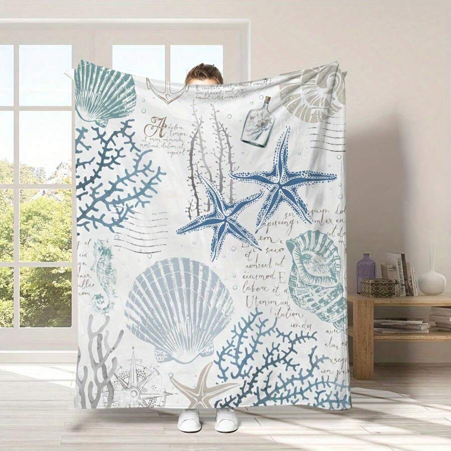 1pc Of Flannel Blanket Suitable For All Seasons - Blue Starfish And Shell, Coral Patterns, Thickened Material. Suitable For Sofas, Beds, Offices, Travel, Outdoor Camping, Cars, Single/Double Nap Blankets, Suitable For Men, Women, And Pets. Multi Purpose Blankets, Soft And Light Beige Friendly Plush Blankets, Available In Sizes And Shapes, Suitable For Home Party Decoration/Holiday Gifts-30*40in - Multicolor - View 1