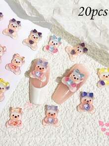 20 قطعة من الزينة لفن الأظافر بتصاميم كرتونية بأشكال قلب وربطة عنق ودب تيدي، من الراتنج الشفاف ثلاثي الأبعاد، مواد تزيين لفن الأظافر DIY، ملصقات ماسية، ضرورية لفن الأظافر اليدوي في صالونات الأظافر