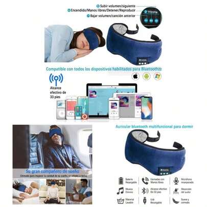 Antifaz para Dormir con Auriculares Inalmbricos 5.0, Mscara Ojos con Msica, Diadema Ajustable, Altavoces Incorporados, Micrfono para Viajes Areos y para Dormir Azul