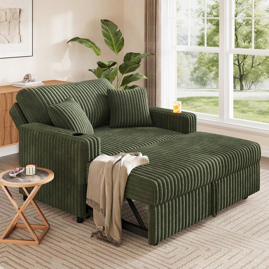 Green 52" 3-In-1 Convertible Pull-Out Sofa Bed Sleeper Loveseat With Reclining Backrest, Built-In Cup Holders, Pet-Friendly Corduroy Sofa For Small Space - Màu xanh lá cây đậm - Xem 1