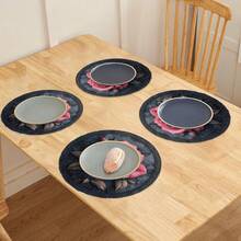 4Pcs Vintage Rose Round Placemats - 15inch Non-Slip Heat-Resistant Table Mats With Floral Design For Valentine's Day And Restaurant Decoration Black And Red Roses On Dark Blue Background Perfect For Parties And Everyday Use Party Table Accessories| Elegant Dining Table Setting| Heat-Resistant Mat - 彩色 - 查看 5
