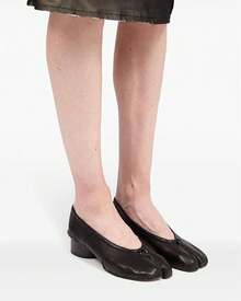 KOKOMOMO Black Split Toe Ballet Heels For Women Japanese Tabi Shoes Cylindrical Low Heels Pumps Chunky Block Heel Office Wedding Party Dress Shoes 12 INCHChristmas - 黑色皺紋 - 查看 2