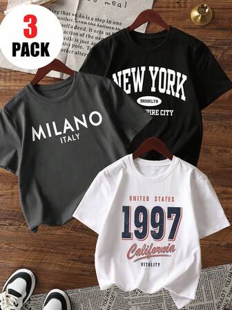 3 件套女童休闲印花圆领短袖 T 恤，夏季学生年轻服装 - 简约时尚复古彩色图案 T 恤为每个孩子带来欢乐和幸福！