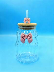 带盖和吸管的蝴蝶结玻璃杯，精致的蝴蝶结玻璃杯，波浪条纹玻璃杯，适用于咖啡、茶、牛奶、冰美式咖啡和拿铁饮品，饮水杯，情人节礼物，返校季礼物，家居生活 / 厨房和餐厅 / 饮具 / 杯子