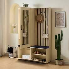 Kombinerad garderob med spegel och bänk – Modern hallmöbelgrupp med utdragbar klädstång, skohylla, 4 krokar och stoppad bänk