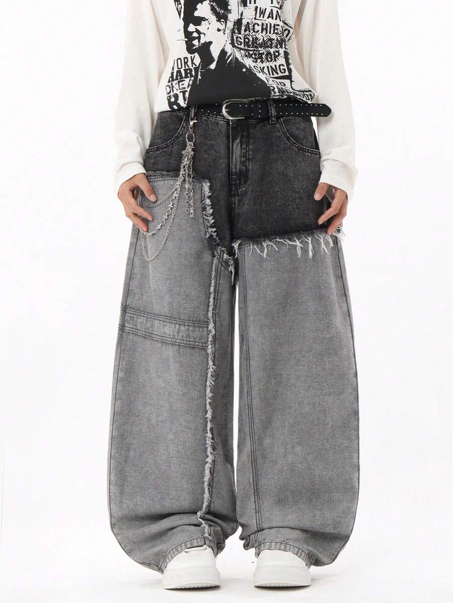 Justice Brother 1pc American Style Patchwork Men's Black Denim Jeans, All-Season Versatile Casual Comfortable Loose Wide Leg Long Pants (Belt/Accessories Not Included) - Black - View 1