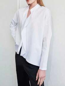 Women's Elegant White Woven Fabric Stand Collar Long Sleeve Shirt, Front Button Regular Length Blouse
