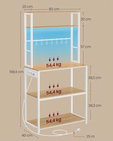 VASAGLE Scaffale da Cucina con LED, Scaffale per Microonde con Multipresa, Ripiani Regolabili, 8 Ganci, 40 x 80 x 168,4 cm, Rovere Dorato e Bianco Opaco - Rovere beige e bianco classico - Visualizzare 5