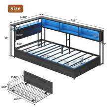 FUSOU Twin Size Corner Bed Frame With RGB LED Bookcase Headboard & Charging Station, Metal Platform Bed With 3 Storage Drawers, Daybed For Kids, Teens & Guests, Black - Xem 2