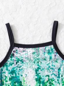 4-7 Years Old Girls' Summer Sleeveless Sequin Print Bodycon Dress, Soft Fabric, Party Style, Casual Everyday Wear, St. Patrick's Green - Green - View 9