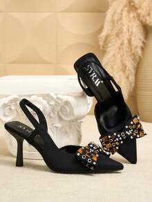 SVRM Pantofi cu toc ascuțit, din satin, cu fundă și baretă la spate, pentru femei, eleganți pentru evenimente sociale, petreceri, birou și naveta - Negru - Vizualizare 4