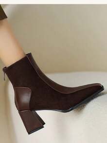 Botas de tacón grueso con punta cuadrada, botas de tobillo de moda para mujeres de estatura baja - Marrón - Ver 1