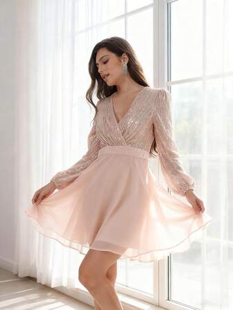 D&M 女士华丽亮片撞色网纱交叉长袖A字连衣裙