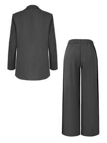 Women's Elegant Two Piece Blazer Set - Loose Fit Long Sleeve Blazer With Wide Leg Pants, Black Trim Detail, Stretch Office Casual Outfit,Pant Suit Set Women - 灰色 - 查看 6