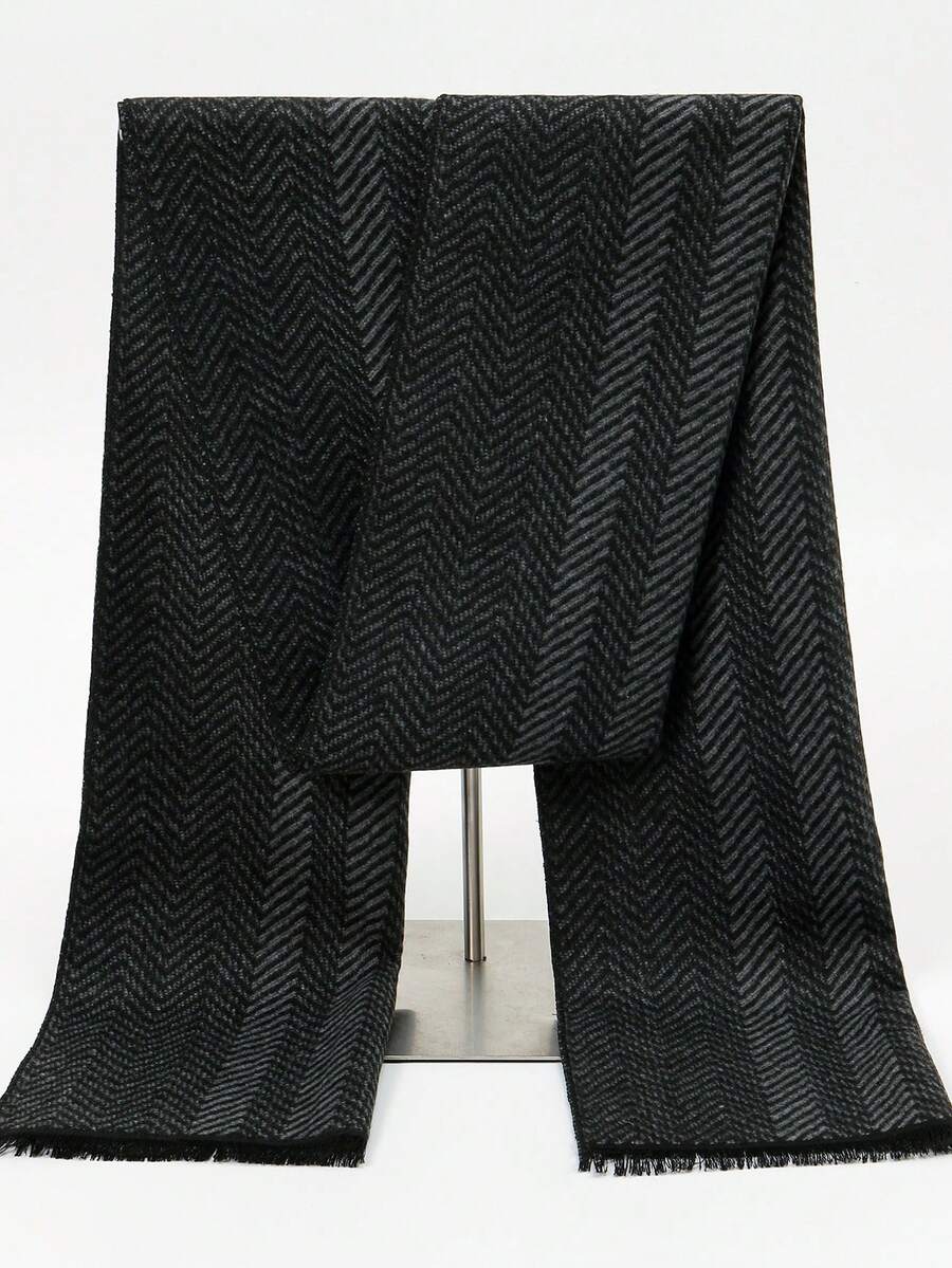 1pc Classic Striped & Plaid Print Warm Thick Scarf, Unisex Fashion Casual Couple Neck Warmer, Suitable For Daily Wear, Autumn/Winter - Black - View 1