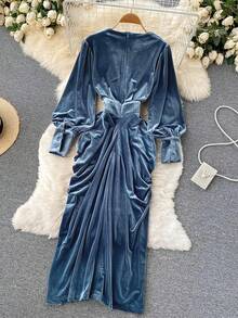 Đầm Maxi Nhung Cao Cấp Cổ Chữ V Ôm Sát Một Bên Xẻ Tà Viền Xếp Ly Thời Trang Thanh Lịch Cho Nữ, Mùa Thu/Đông - Màu xanh lam - Xem 5