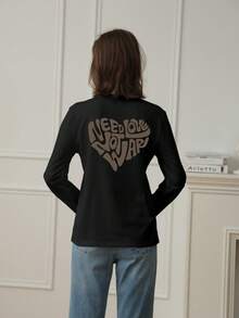 2025 Autumn New Fashion Casual Loose Long T-Shirt Women, Letter Print Long Sleeve Tops, Street Korean Style