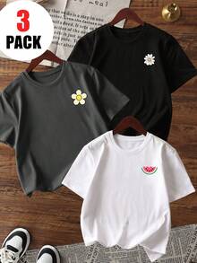 3 件/套女童休闲印花圆领短袖 T 恤，夏季学生幼儿 T 恤 - 微笑花卉时尚 T 恤为每个孩子带来欢乐和幸福！