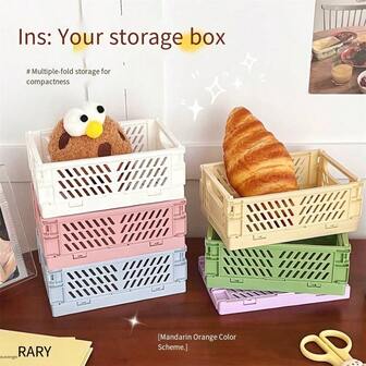 1pc Mini Foldable Plastic Storage Box, Desktop Organizer For Student Stationery, Cosmetics, Small Items, Bathroom Foldable Basket