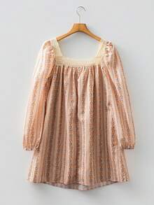 Acelitt 女士卡其色碎花丝绒蝴蝶结蕾丝贴片长袖宽松迷你连衣裙，春秋季度假优雅款 - 卡其色 - 查看 6