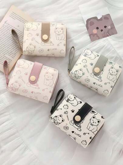 Short Women's Wallet Simple Cute Kitten Pattern Coin Purse Multi-Functional Card Holder With Multiple Card Slots Money Bag For Women Wallet Mini Wallet Purse Wallet Fall Autumn Cute Wallet Small Wallet Wristlet Wallet