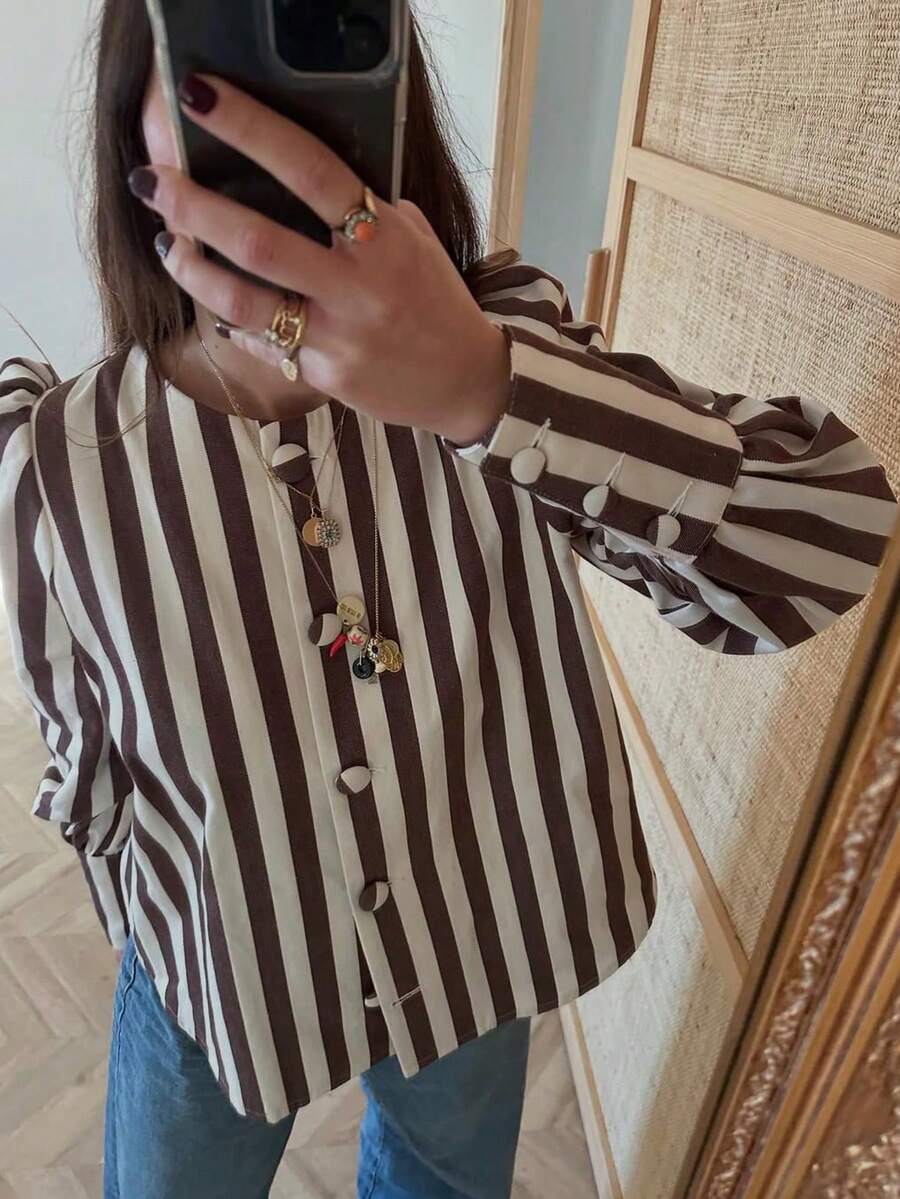 Blusa casual de primavera con botones, contraste de color y acanalado para mujer - Marrón - Ver 1