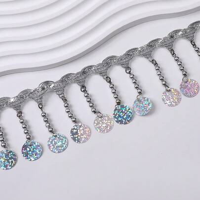 2码/批 6.5厘米宽 银色珠子吊坠亮片 DIY蕾丝花边流苏丝带 服装窗帘 婚纱 拉丁舞舞台服装配饰