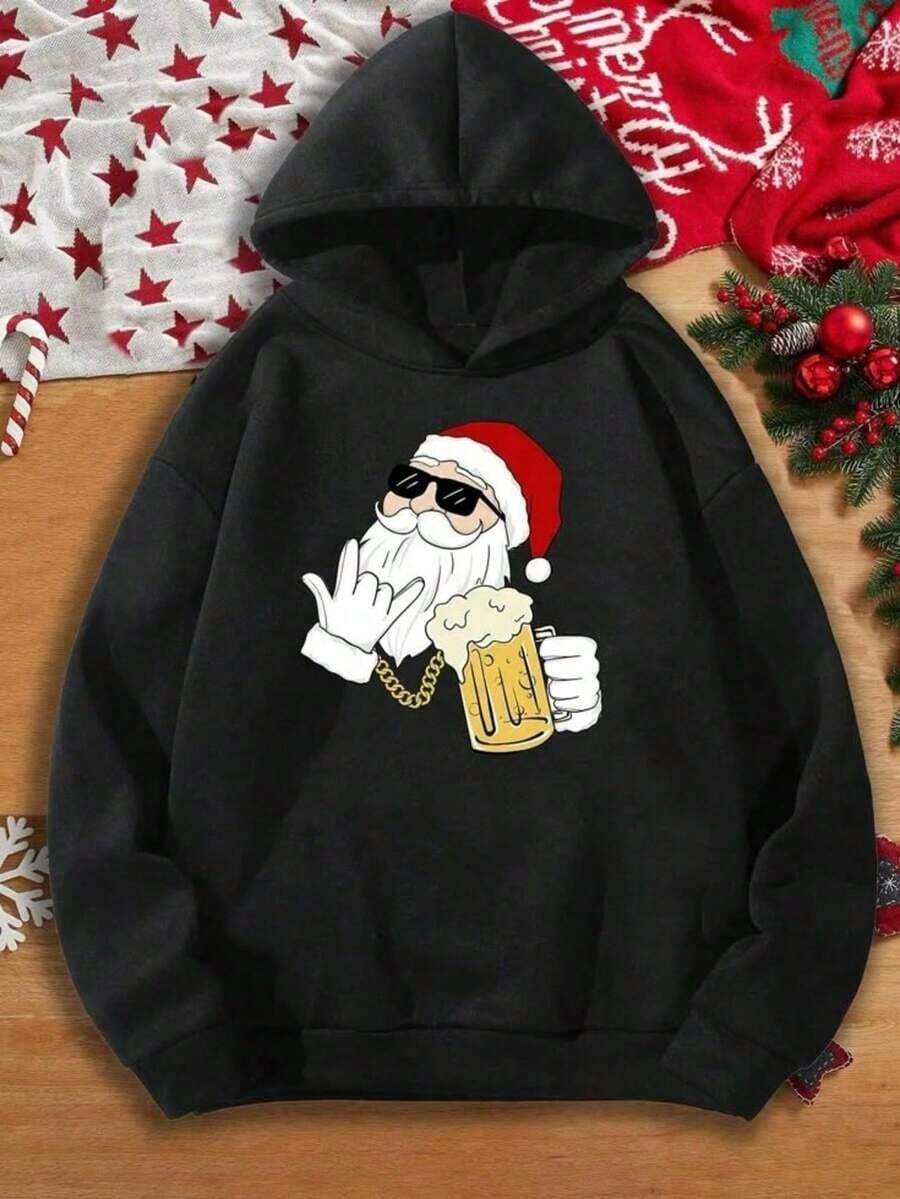 Sudadera unisex negra con capucha, con un diseño navideño moderno y divertido que muestra a Santa Claus con gafas de sol y una cerveza en la mano.Perfecta para reuniones familiares, fiestas informales y celebraciones llenas de alegría.Diseño femenino a la moda, ideal para la temporada de otoño e invierno, Navidad, Acción de Gracias y ropa de Año Nuevo. - Negro - Ver 1