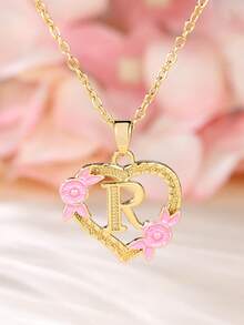 Tsnamer 1 件精美立方氧化锆字母项链，心形雕刻，包含 26 个 A-Z 字母和花朵，适合女性日常佩戴。 - 金黃色+粉 - 查看 28