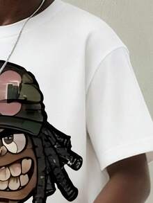 Tween Boy Cartoon Print Round Neck Short Sleeve T-Shirt And Pants Set - White - View 3