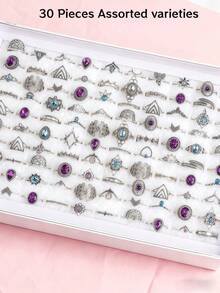 30Pcs Classic Bohemia Girl Rings Set Fashion Geometric Charm Mix Style Finger Jewelry Anniversary Party Gift