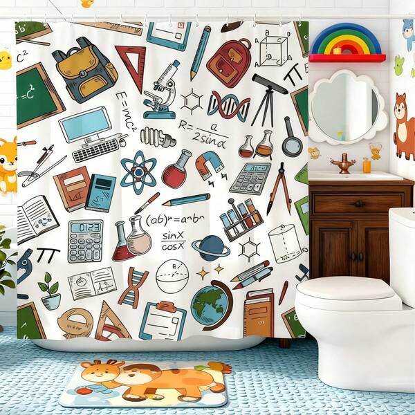 1 pieza Cortina de ducha blanca con temática educativa que incluye ilustraciones de ciencia y matemáticas para la decoración del baño - Perfecta para crear un ambiente de aprendizaje en instalaciones escolares y hogares